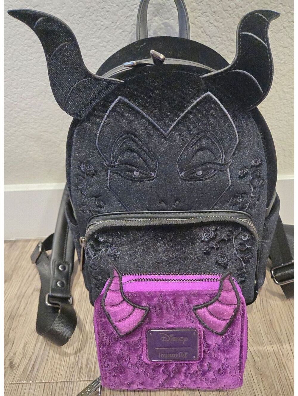 Loungefly Maleficent Black Velvet Backpack with Purple wallet
